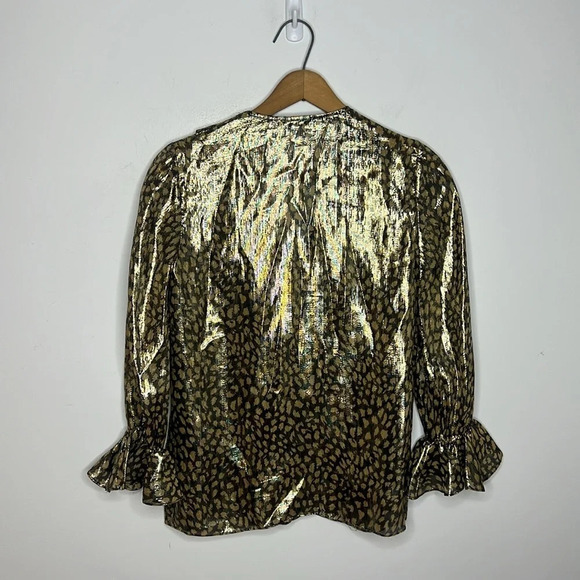 ALICE + OLIVIA Elliot Silk Gold Metallic Animal Print Ruffle Button Down Blouse - Picture 9 of 14